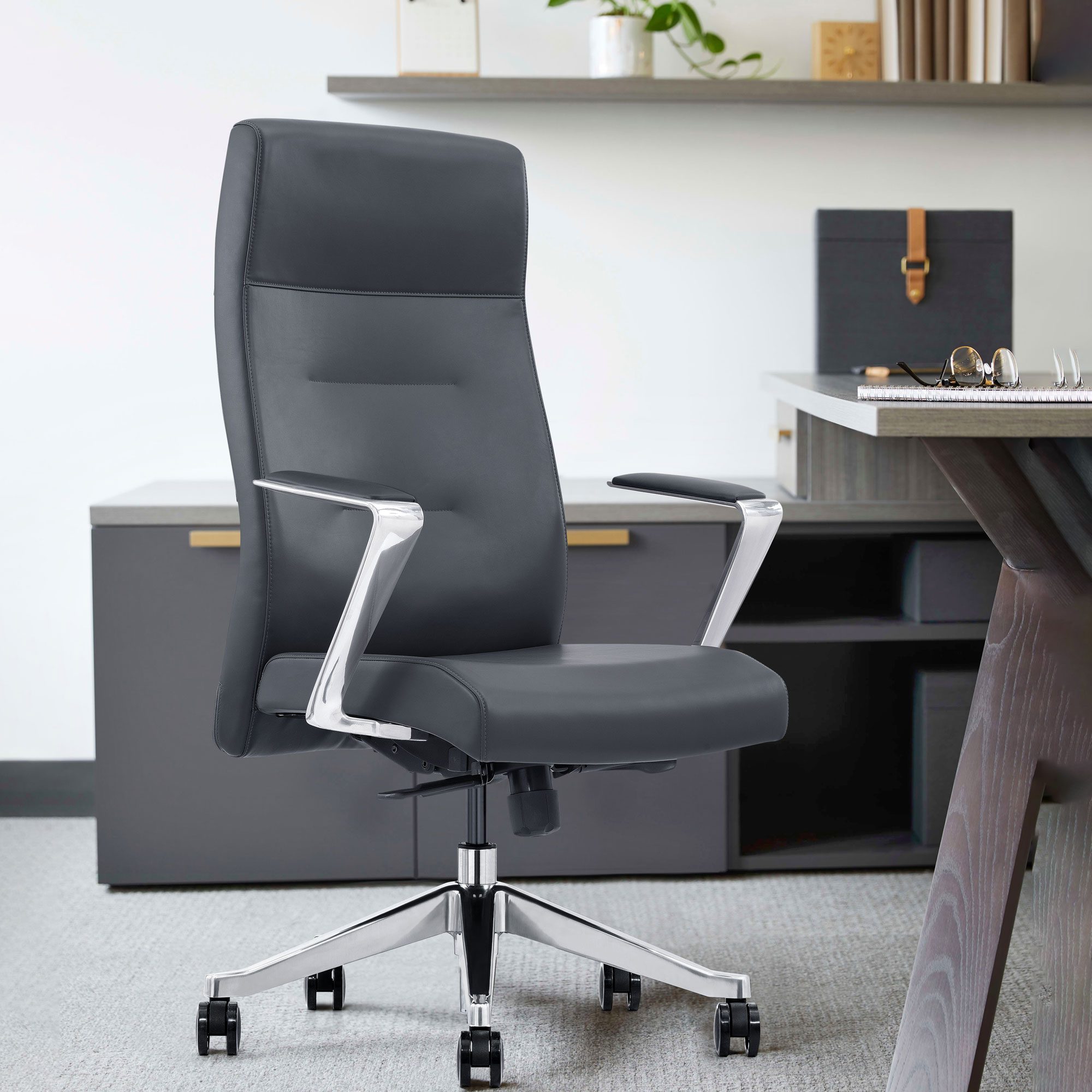 Gray Leather High-Back Home Office Chair