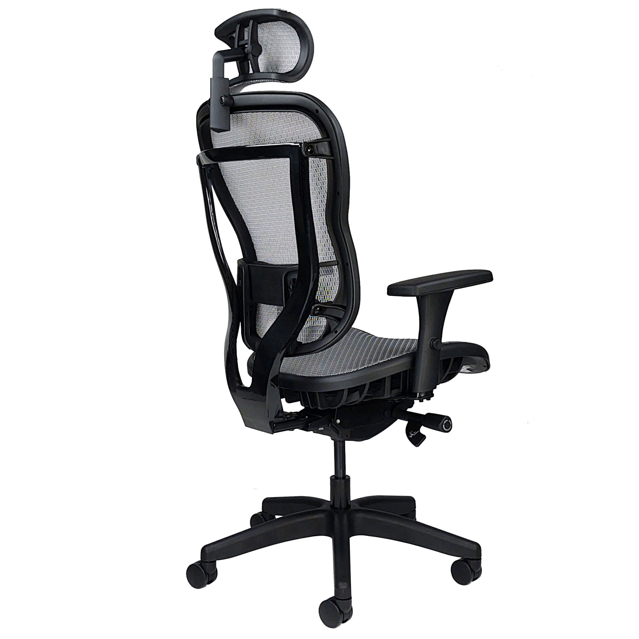 All-mesh ergonomic office chair with headrest, arms and wheels - back angle