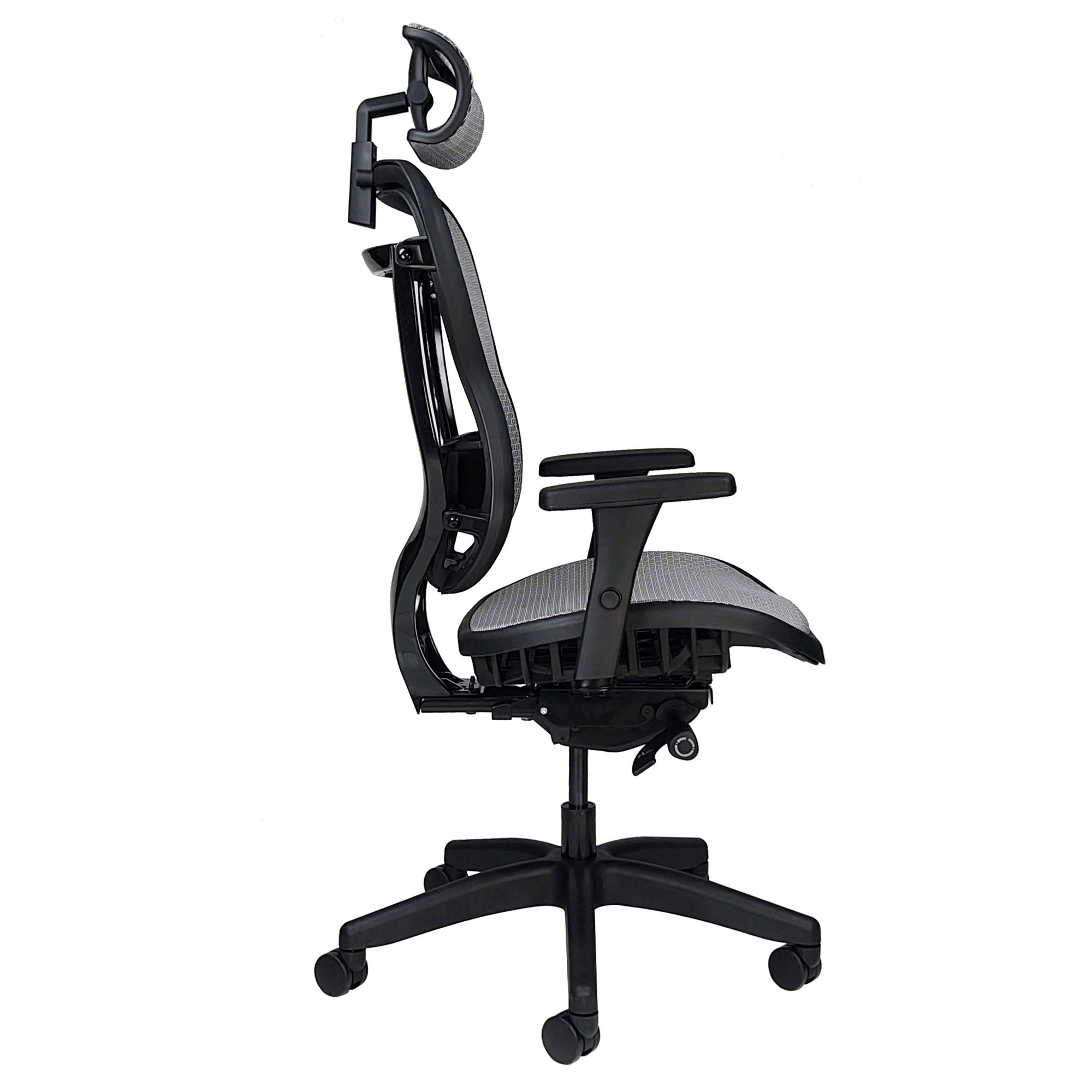 All-mesh ergonomic office chair with headrest, arms and wheels - side view